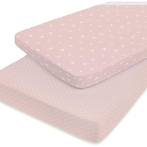 Ely’s & Co. Pack N Play│Playard│Portable Crib Sheet 2-Pack - Combed, 100% Jersey Cotton for Baby Girl — Rosewater Pink, Pin Dots & Gingko Leaves