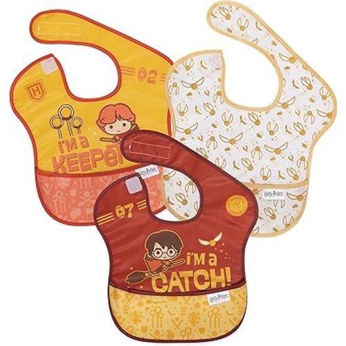 Bumkins Bibs for Girl or Boy, SuperBib Baby and Toddler for 6-24 Months, Essential Must Have for Eating, Feeding, Baby Led Weaning, Mess Saving Waterproof Soft Fabric, 3-pk Harry Potter Quidditch