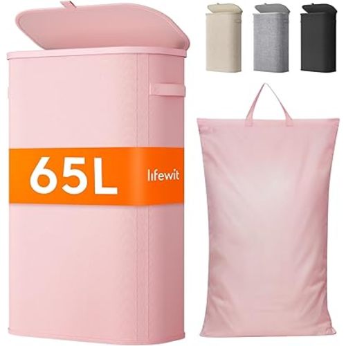 Lifewit 65L Slim Laundry Basket with Lid, Narrow Large Laundry Hamper with Plastic Handles and Removable Bag, Tall Foldable Dirty Clothes Hampers for Laundry Room, Bedroom, Bathroom, Dorm, Pink