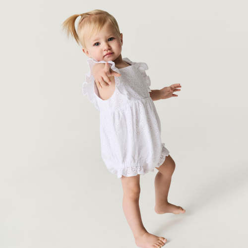 Optical White Eyelet Ruffled Bubble Romper