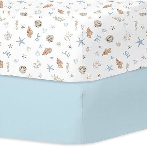 Little Grape Land Crib Sheets for Boys, 2-Pack Soft Microfiber Fitted Baby Crib Mattress Sheets – Breathable, Oeko-TEX Certified, Fits Standard Crib and Toddler Bed (Shells & Blue)