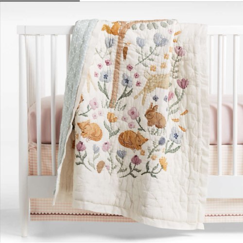 Wonderland Prairie Embroidered Organic Cotton Voile Baby Crib Quilt