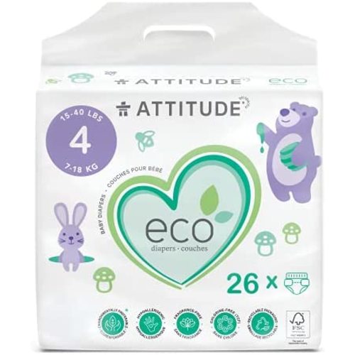 ATTITUDE Eco-Friendly Diapers, Non-Toxic, Hypoallergenic, Safe for Sensitive Skin, Chlorine-Free, Leak-Free & Biodegradable Baby Diapers, Plain White (Unprinted), Size 4 (15-40 lbs), 26 Count (16240)