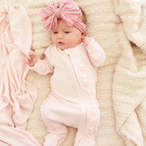 Pearl Pink Waffle Bamboo Zipper Ruffle Footie