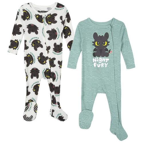 DreamWorks How to Train Your Dragon Toothless Newborn Baby Boys 2 Pack Ribbed Sleep N' Plays 2-Way Zip Cream / Sage Green 3-6 Months