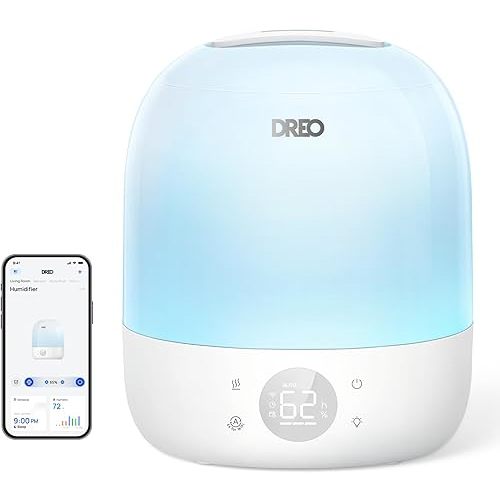 DREO Humidifier 409S, Humidifiers for Bedroom Baby, Ultra Quiet 28dB & 3L Top Fill Cool Mist Humidifier for Nursery, Smart Air humidifier for Plants, 1500+ RGB Night Light & Sleep Routine Trainer