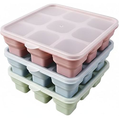 Foldable Silicone Ice Cube Trays with Lids, 3 Pack for Freezer