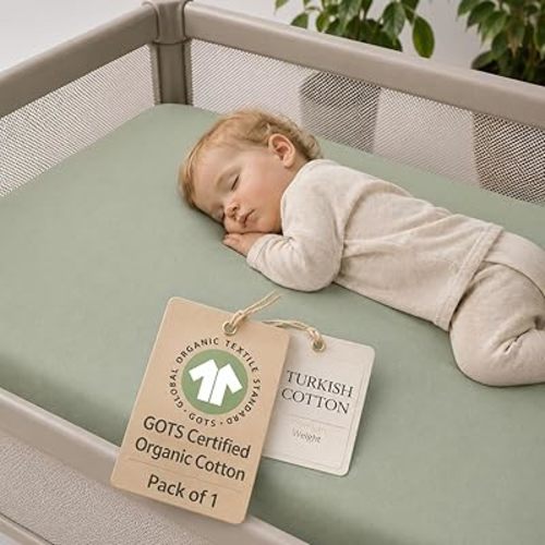 Signature Pack and Play Sheet - Organic Mini Crib Sheets Fitted 1 Pack - Hearitage Aegean Turkish Cotton 38x26 Compatible with Graco Pack n Play Playard Crib, Baby Bjorn Travel Crib, Playpen Mattress