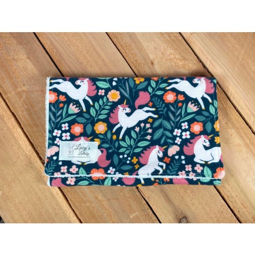 Burp Cloth-FLORAL UNICORNS | Handmade | Flannel & Terry Cloth | Baby Girl Shower Gift | Flowers and Leaves | White Unicorns | Pink Flowers