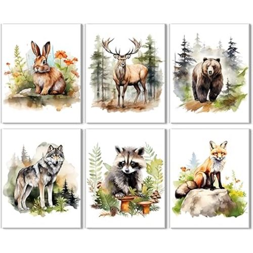 Woodland Animal Nursery Wall Art Forest Animal Wall Decor Watercolor Bear Deer Wolf Canvas Pictures for Kids Bedroom Cute Nature Wildlife Prints Artwork Baby Boys Girls Room Home Decoration 8x10" 6Pcs