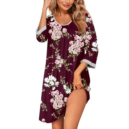 Ekouaer Women's Pleated Nightgown Soft Sleep Shirt 3/4 Sleeve Pajama Dress Scoopneck Sleep Tee Nightshirt Sleepwear S-3XL