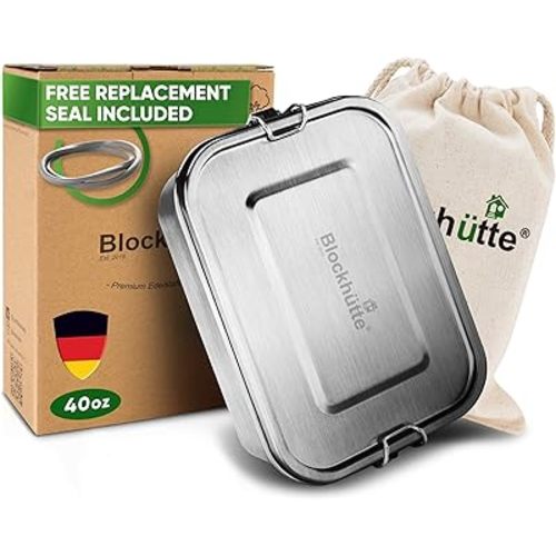 Blockhütte Stainless Steel Lunch Box for Adults I 40oz I with free Sealing I Metal Bento Box with 3 Compartments, Leak-Proof Lunch Container, Metal Food Storage for Travel, Work, Eco-Friendly