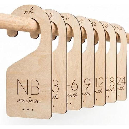 White Loft Baby Closet Dividers in Natural Birch Wood - Wooden Nursery Closet Organizer with Etched Labels for Newborn to 24 Months - 7 Piece Gift Set