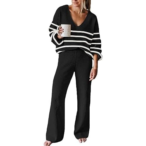 Viottiset Women's 2 Piece Outfits Casual V Neck Knit Wide Leg Sweater Lounge Set Sweatsuit