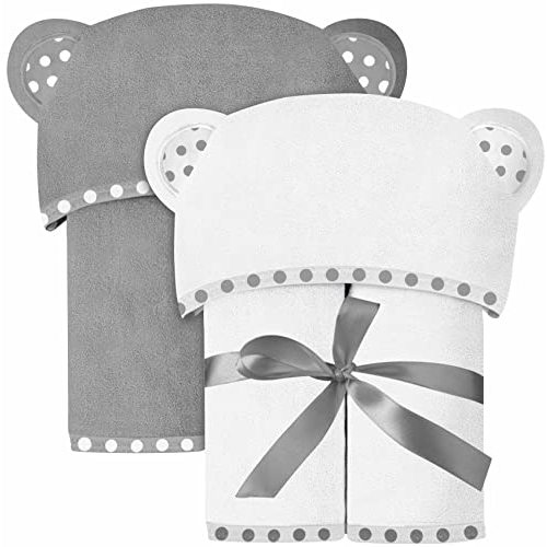 ELSVIN Set of 2 Hooded Baby Towels – White and Grey – Luxurious, Large and Super Absorbent – 30 x 30 Inch – Soft and Suitable for Infants, Toddlers and Kids – 400 GSM