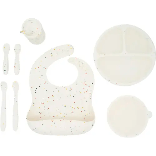 WeeSprout Baby Led Weaning Bundle, Silicone Suction Bowl, Spoons, Bib & Cup, Develops Self Feeding Skills, Dishwasher Safe (Confetti)