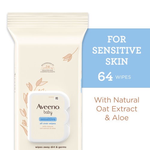 Aveeno Baby Wipes for Infant Sensitive Skin, Hypoallergenic & Unscented with Oat and Aloe, Alcohol-Free, 64 Ct