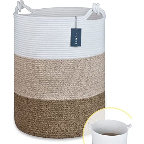 COMSE Extra Large Blanket Basket, Tall Woven Storage Basket, Nursery Hamper, 15.7”x 21.7”, Cotton Rope Laundry Hamper for Toys Clothes Towels, White/Gradient Brown