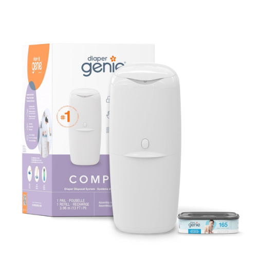 Diaper Genie Compact Pail Includes 1 Starter Square Refill That can Hold up to 165 Newborn-Sized Diapers.