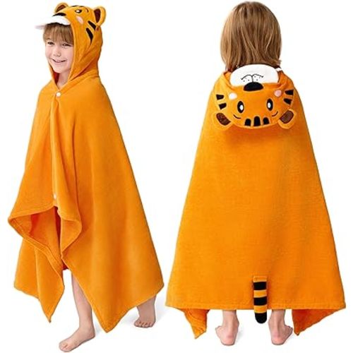 Joiedomi Hooded Towel for Kids Soft 100% Cotton Bath Beach Towel 30" x 50" for Kids 3-10 Years Toddler Pool Poncho with Hood Absorbent Swim Wrap for Boys Girls Yellow Tiger
