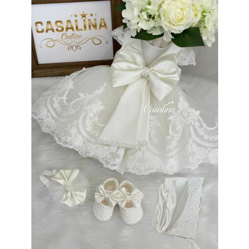 Angel Dress Baby Sets. White lace big bow jewel bow knee length baby girl dress for baby girls. Christening gown.