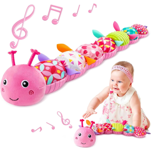 BTEPSGA Baby Toys Musical Caterpillar,Infant Toys Stuffed Animal Toys with Ruler Design and Ring Bell,Baby Teething Toys for Tummy Time Pink