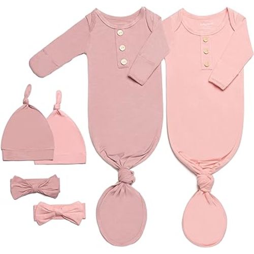 Baby Noah Newborn Knotted Gown Set with Hat and Headband - Buttery Soft Tie Bottom Gown for Baby's Sweet Dreams (2 Packs)