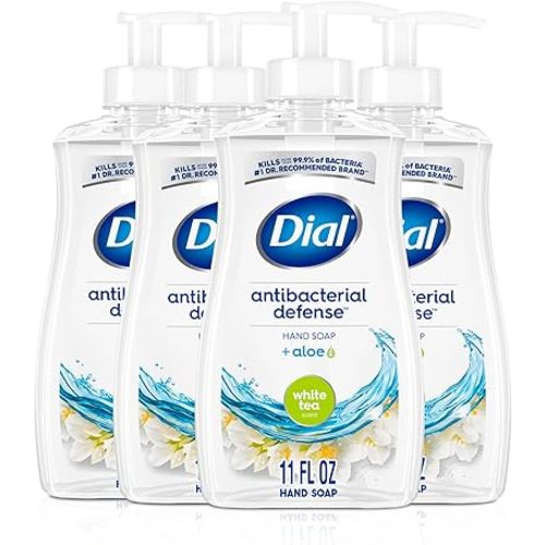 Dial Antibacterial Defense Liquid Hand Soap + Aloe, White Tea Scent, 11 Fl Oz (Pack of 4), Dermatologist-Tested Hand Wash, Gentle Formula