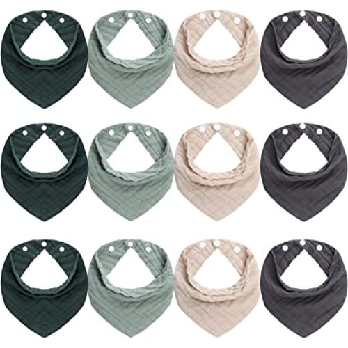 12-Pack Muslin Baby Drool Bibs 100% Cotton for Boys and Girls,Soft and Absorbent/Atrovirens/Green/Apricot white/Grey