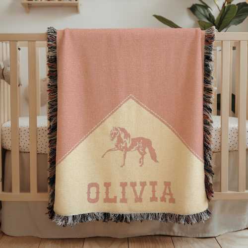 Personalized Cowgirl Woven Baby Blanket, Baby Girl Western Blanket, Heirloom Blanket, Newborn Name Blanket,Monogram Pink Horse Woven Throw