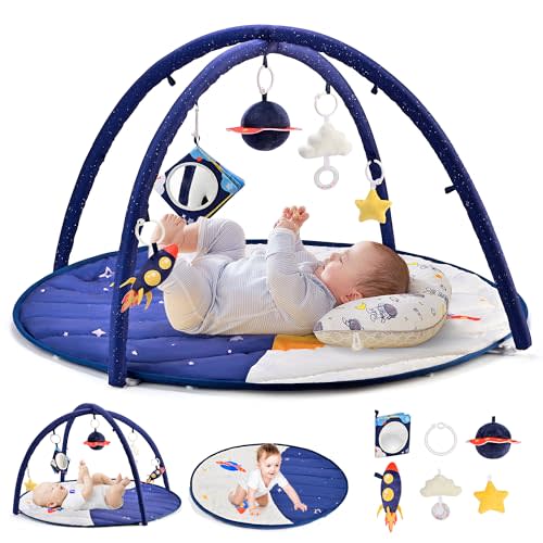 2PM SPORTS Space Theme Baby Play Mat, Tummy Time Mat, Baby Play Gyms & Playmats for 0-3 0-6 0-12 3-6 6-12 Months, Activity Mat 5 Detachable Toys, Newborn Infant Baby Boy Essentials Shower Gift