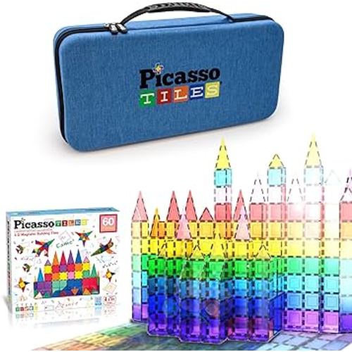 PicassoTiles 60PC Magnetic Tiles + Carry Case Bundle: STEAM Educational Playset for Kids Includes Travel Storage Organizer - Fun Learning Construction Toy, Engineering Design, Sensory Development