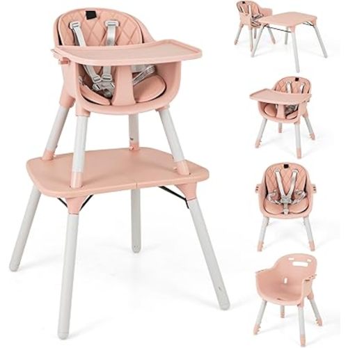 HONEY JOY 5-in-1 High Chair, Convertible Highchair for Babies and Toddlers/Kids Chair Table Set/Infant Feeding Chair w/Safety Harness, PU Leather Cushion & Removable Food Tray (Pink)