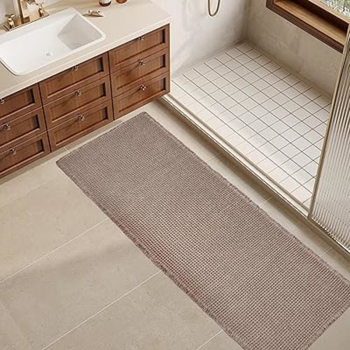 ZALL Tan Waffle Bath Mat,Super Absorbent Non Slip Long Bathroom Runner Rug,Brown 24X72inch,Machine Washable Ultra Soft Floor Mats