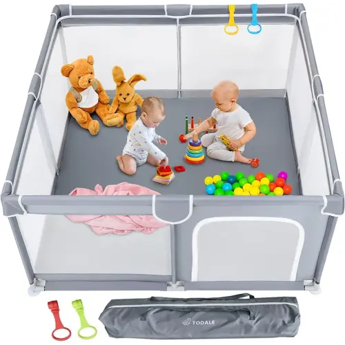 Todale 50”×50” Baby Playpen - Safe Baby Gate, Toddler, Infant & Crib, Play Pen - Portable Floor Playpen for Babies and Toddlers, Anti-Slip Base & Breathable Mesh, Enclosed Play Yard, Gray