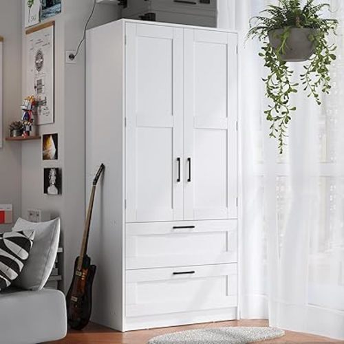 Wood White Wardrobe Closet with 2 Doors and Drawers，Bedroom Freestanding Armoire Storage Cabinet with Shelves，Wooden Wardrobe Combination for Hanging Clothes (White 2 Drawers)
