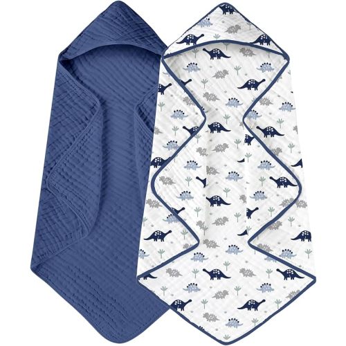 Yoofoss Hooded Baby Towels for Newborn 2 Pack 100% Muslin Organic Cotton Baby Bath Towel with Hood for Babies, Infant, Toddler and Kids, 32x32Inch, Soft and Absorbent Newborn Essential, Navy Dinosaur