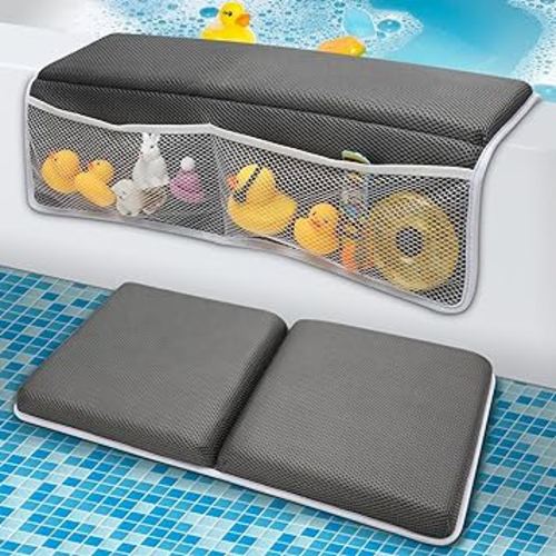 Baby Bath Kneeler and Elbow Rest Pad Set, Bathtub Mat with Memory Foam and Bath Toy Organizer, Quick Dry Bath Kneeling Pad for Baby Bath Time, Non-Slip Bath Mat Relieve Knees and Elbows (Grey, Large)