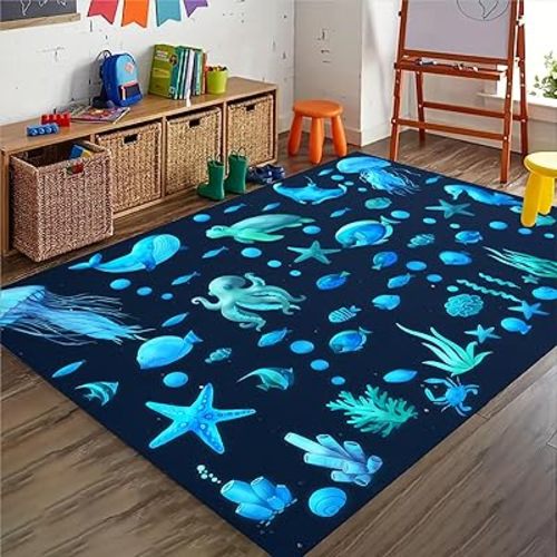 Marine Animal Area Rug, 4x6ft, Sea World Whale Starfish Octopus Kids Rugs, Washable Rubber Backed Anti-Slip Mat, Durable Cozy Breathable Floor Decor Throw Rug for Study Room Entryway