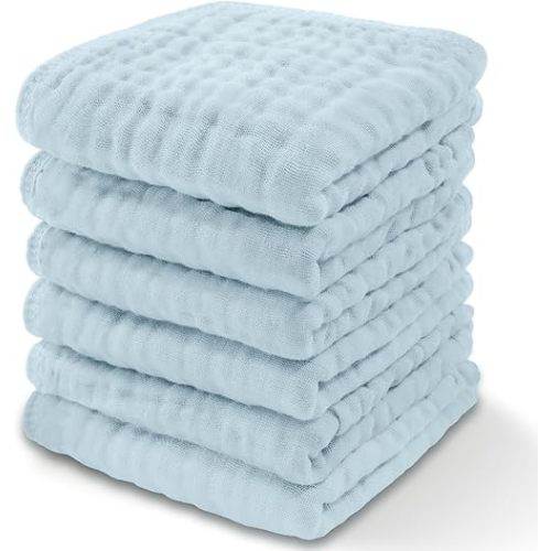 Muslin Baby Washcloths 6 Pack - Soft 6-Layer Cotton Wash Cloths for Sensitive Skin - 25 x 25 cm Large, Gentle, Absorbent Infant Essentials for Newborn and Toddlers - (Sky Blue)