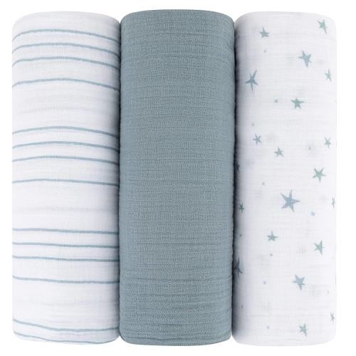 Ely's & Co. Muslin Swaddle Blanket 3-Pack for Baby Boy— 100% Cotton Muslin Extra-Large Swaddle Blankets (47”x 47”) — (Misty Blue Stars│Solid│Stripes)