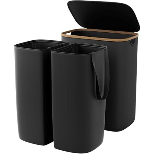 Garprovm Double Laundry Hamper with Lid 150L Large Laundry Basket with Bamboo Handles Foldable Clothes Hampers with 2 Removable Liner Bags for Laundry for Bedroom, Bathroom, Dorm, Laundry Room,Black