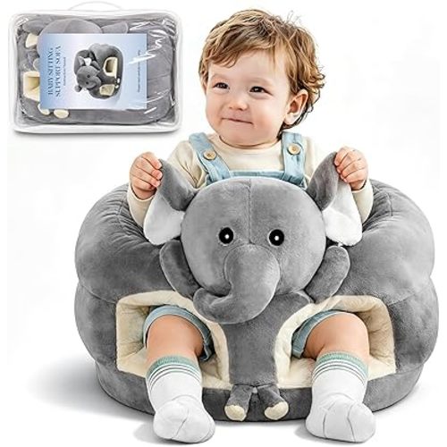 Sit Up Floor Seat for Baby 3-24 Months, Plush Animal Shaped Support Floor Chair Learning to Sit, Infant Toddler Baby Sofa with Cotton Filling, Non-Slip Bottom, Grey