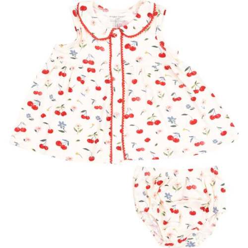 The Jill, Peter Pan Button Front Dress with Ric Rac Trim and Diaper Cover , Watercolor Cherries - Angel Dear | Maisonette