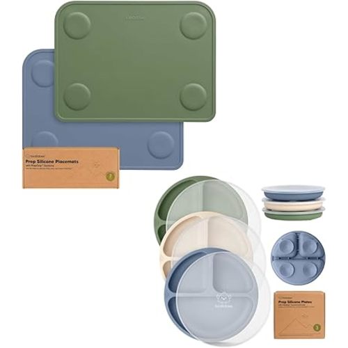 Keababies 2-Pack Silicone Placemats for Toddlers and 3-Pack Suction Plates with Lids for Baby - Non Slip Placemat for Kids, Easy-to-Clean Baby Mat - Silicone Suction Plates for Babies, Kids