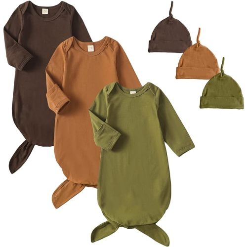 OPAWO Newborn Baby Knotted Gowns with Mitten Cuffs and Hat Baby Sleeper Gowns Coming Home Outfit for Baby Boy Girl 0-6 Months