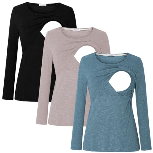 Bearsland Women's 3 Packs Maternity Clothes Long Sleeves Breastfeeding Shirts Nursing Top