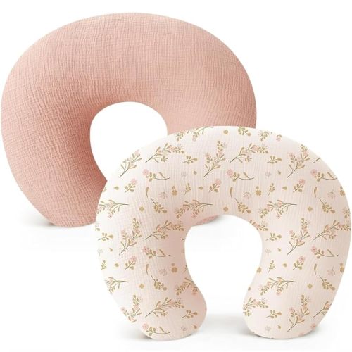 Konssy 2-Pack Muslin Nursing Pillow Covers, Floral Soft Slipcover for Baby | Covers Only, 100% Cotton, Hidden Zipper, Washable, Breastfeeding Pillows Covers for Newborn Boys & Girls, (Pink, Floral)