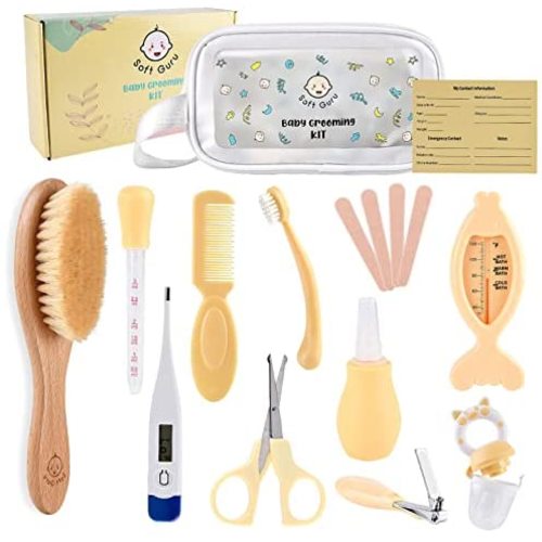 Soft Guru Baby Healthcare and Grooming Kit | Nursery Essentials for Newborns Gift Set | Includes Thermometer, Nail Clippers, Soft Brush & Baby Shower Basket Registry Items.