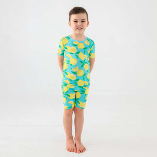 Blue Sunny Citrus Two-Piece Short Sleeve & Shorts Pajama Set